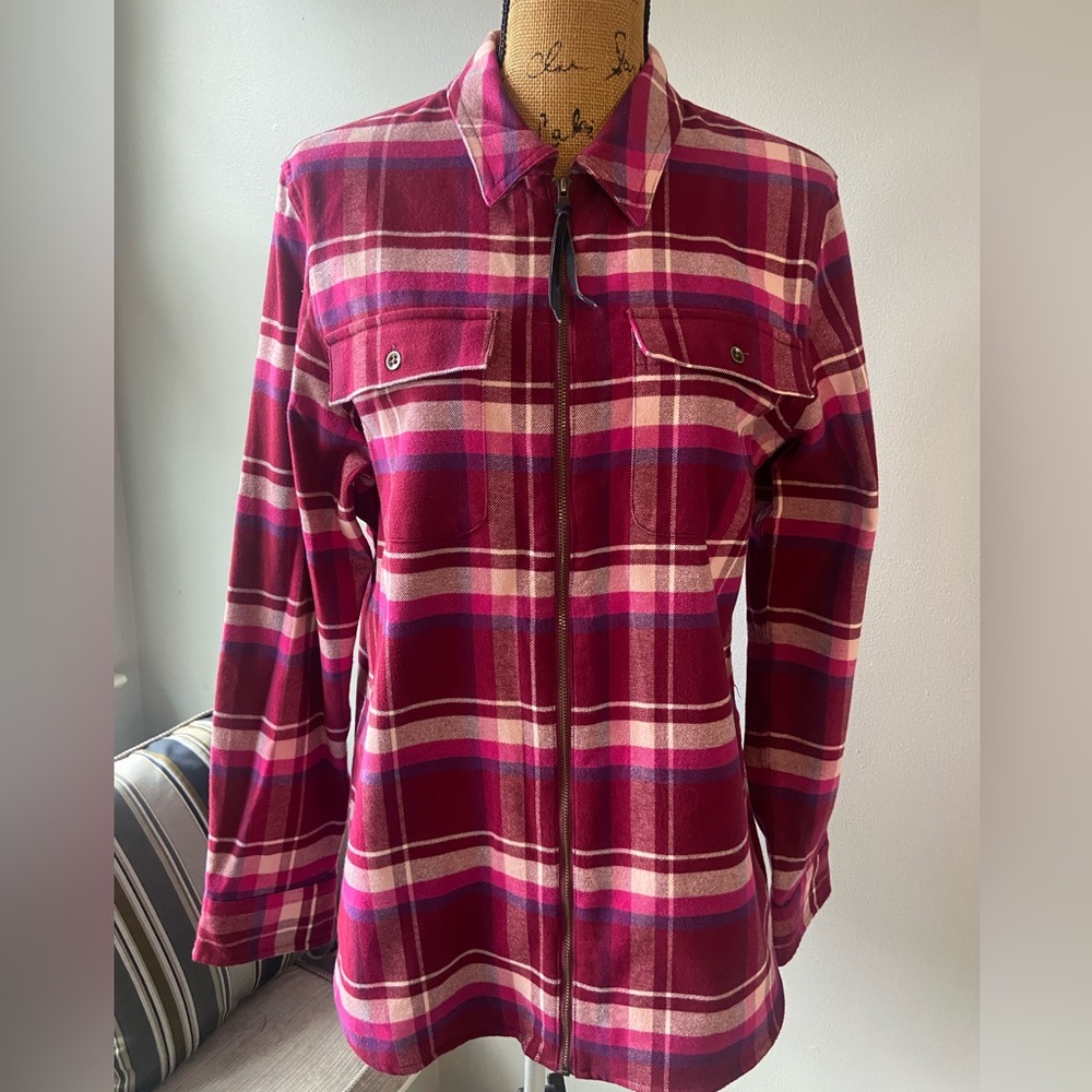 Chaps Sz L  Burgundy, Pink, & Cream Plaid Flannel Collared Zip Up Shirt/ Jacket